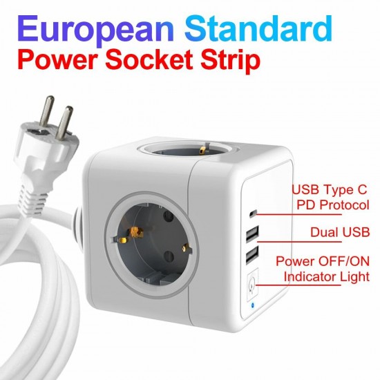 3-IN-1 Wired German/EU Wall Socket Power Strip with AC Outlets/USB/USB-C Charger Adapter Overload Protection Socket with On/Off Switch