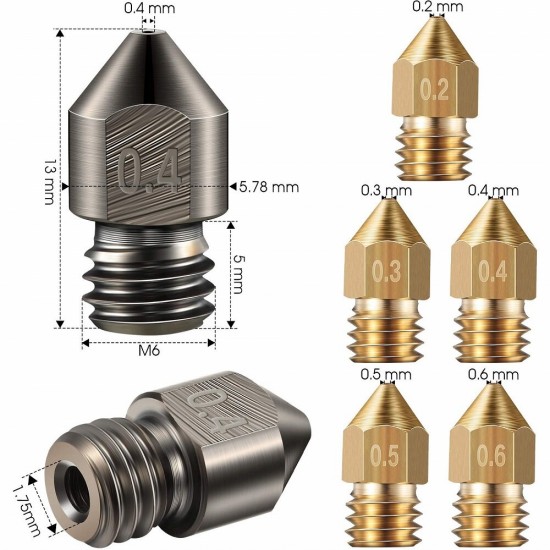 15/34/48PCS 0.2-0.6mm MK8 Extruder Nozzle Hardened Steel Brass Nozzles for 3D Printer