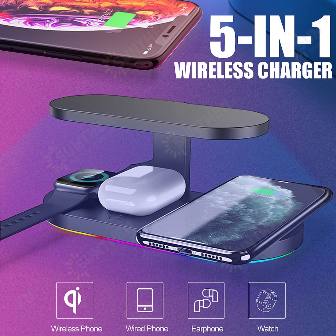 5in1 Wiress Phone Earphone Watch Charging Station Fast Charger UV
