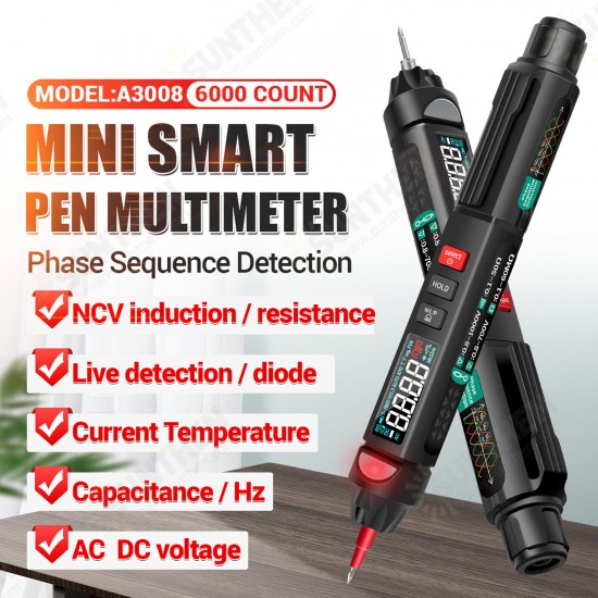 A3007/8 True RMS Digital Multimeter + Voltage Test Pen + Phase Sequences Meter 3 In 1 with LCD Backlight Flashlight NCV Auto-off Multiple Accessories A3007/8 True RMS Digital Multimeter + Voltage Test Pen + Phase Sequences Meter 3 In 1 with LCD Backlight Flashlight NCV Auto-off Multiple Accessories
