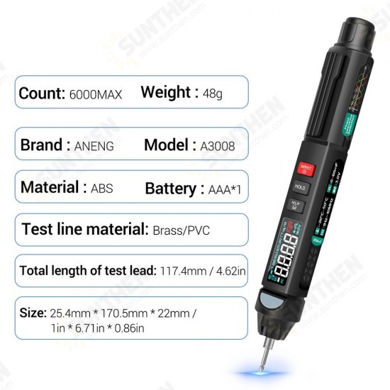 A3008 Digital Multimeter Auto Intelligent Sensor Pen Tester 6000 Counts Non-contact Voltage Meter VA Color Reverse Display Screen