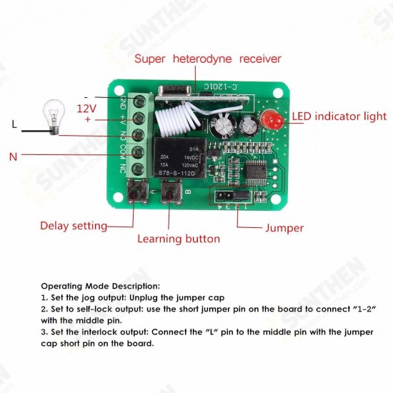 DC12V 1CH 315/433MHz Wireless Time Delay Relay RF Remote Control Switch Receiver