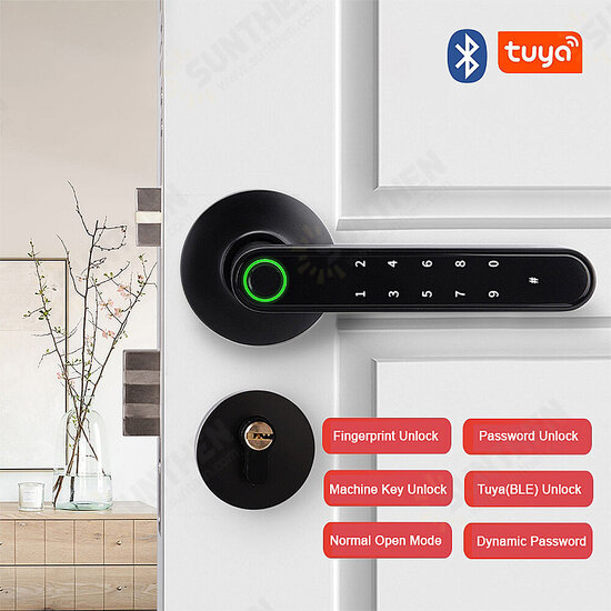 Tuya blutooth Electronic Smart Door Lock Intelligent Anti-theft Gateway Smart Handle with Semiconductor Fingerprint/Password/APP/Key Unlock Home Lock