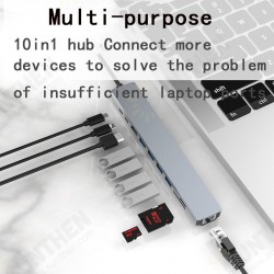 10in1 USB-C Docking Station Adapter With 4K@30Hz HD Display/100W PD3.0 Power/USB-C Data Transfer/RJ45 Network/3.5mm Jack/4* USB3.0/Memory Card Reader 10in1 USB-C Docking Station Adapter With 4K@30Hz HD Display/100W PD3.0 Power/USB-C Data Transfer/RJ45 Network/3.5mm Jack/4* USB3.0/Memory Card Reader