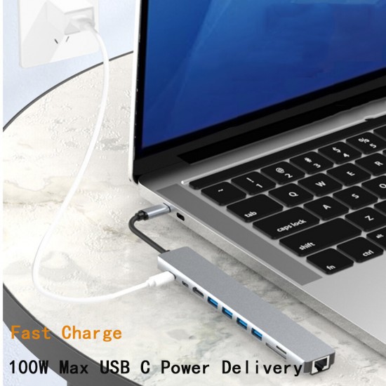 10in1 USB-C Docking Station Adapter With 4K@30Hz HD Display/100W PD3.0 Power/USB-C Data Transfer/RJ45 Network/3.5mm Jack/4* USB3.0/Memory Card Reader
