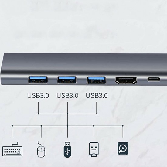 6 In 1 USB-C Hub Docking Station Adapter With 4K HD Display / 65W USB-C PD3.0 Power Delivery / RJ45 Network Port / 3 * USB 3.0