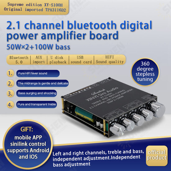 XY-S100H TPA3116D2 50Wx2+100W 2.1 Channel bluetooth Audio Power Amplifier Module High and Low Bass Subwoofer XY-S100H TPA3116D2 50Wx2+100W 2.1 Channel bluetooth Audio Power Amplifier Module High and Low Bass Subwoofer