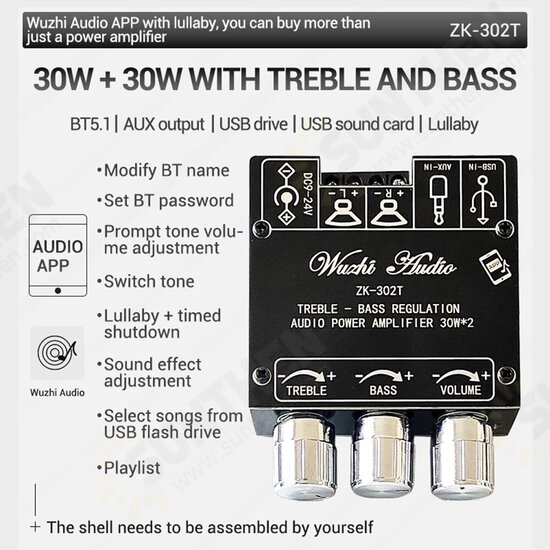 ZK-302T Bluetooth Digital Power Amplifier Board Module 2.0 Stereo Dual Channel 30W+30W with High and Low Tone