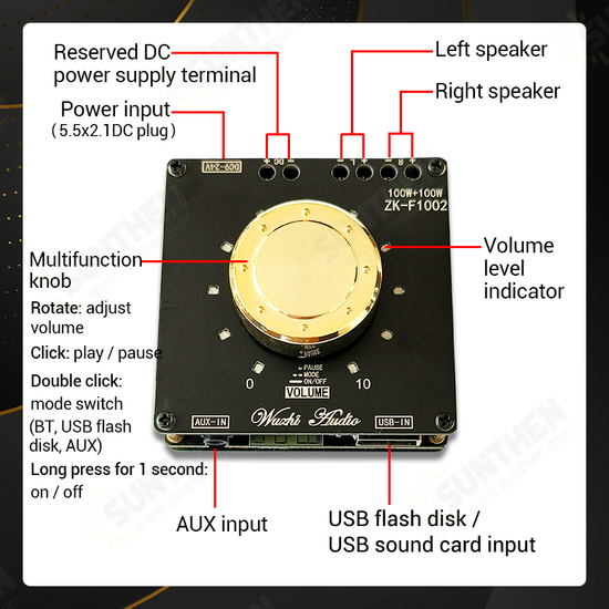 ZK-F1002 Volume Indicator bluetooth Audio Power Amplifier Board Module TPA3116D2 Stereo 100Wx2