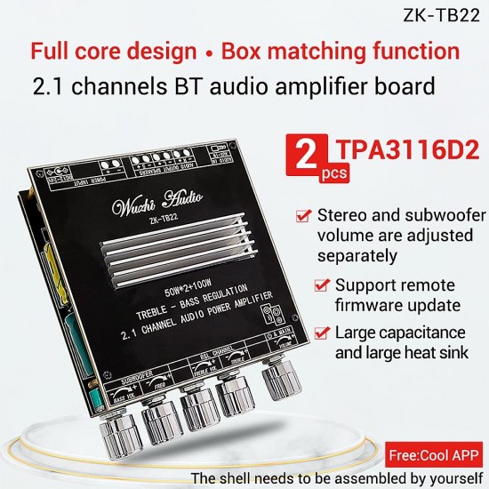 ZK-TB22 2.1 Channel bluetooth 5.1 Audio Power Amplifier Board Stereo Tweeter Bass Subwoofer Adjustment TWS True Wireless TPA3116 Module