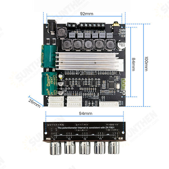 ZK-TB22P 2.1 Channel bluetooth 5.1 Audio Power Amplifier Board TWS Paring Interconnect 50W+50W+100W Potentiometer External with BT Audio Amplifier