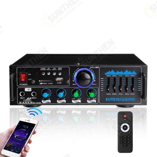 2000W Dual Channel Wireless bluetooth 5.0 Stereo Amplifier Digital HiFi Audio Power Amplifier Mixer Support FM Function Remote Control for Stage Home Car Karaoke