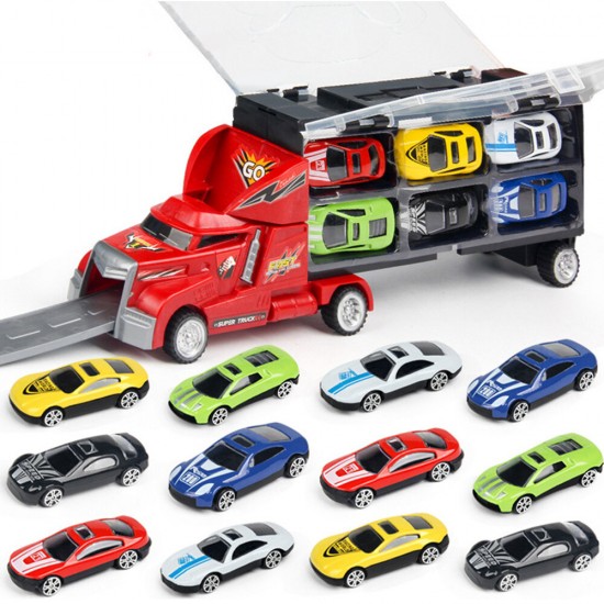 12 Pcs Kid Car Model Set Truck Simulation Track Vehicle Toys Alloy Cars+Cartoon Car+Storage Truck Children Toys Gift