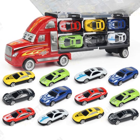 12 Pcs Kid Car Model Set Truck Simulation Track Vehicle Toys Alloy Cars+Cartoon Car+Storage Truck Children Toys Gift