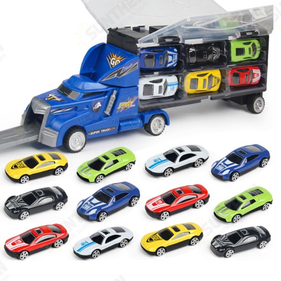 12 Pcs Kid Car Model Set Truck Simulation Track Vehicle Toys Alloy Cars+Cartoon Car+Storage Truck Children Toys Gift