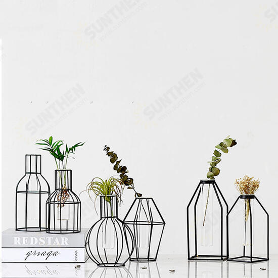 3D Nordic Metal Vase Glass Tube Hydroponic Plant Container Ornaments Home Decor