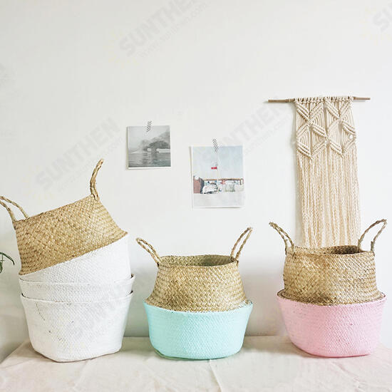 5PCS Mat Grass Belly Basket Storage Plant Pot Foldable Laundry Bag Room Decorative Flower Pot