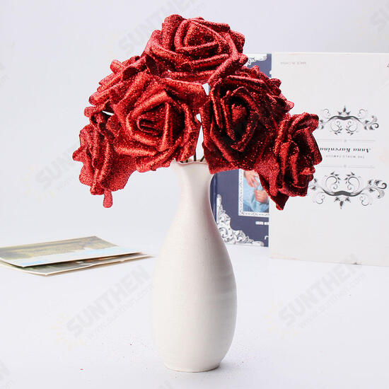 7Pcs Artificial Bouquet Glitter Foam Artificial Flowers Wedding Bridal Party Decor DIY Rose