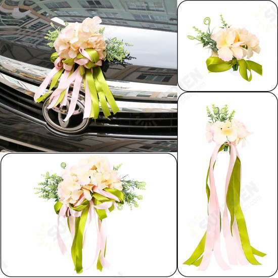 Silk Wedding Car Artificial Flower Bow Ribbon Handles Rearview Mirror Decorations