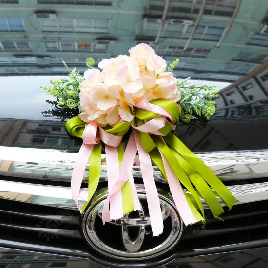 Silk Wedding Car Artificial Flower Bow Ribbon Handles Rearview Mirror Decorations