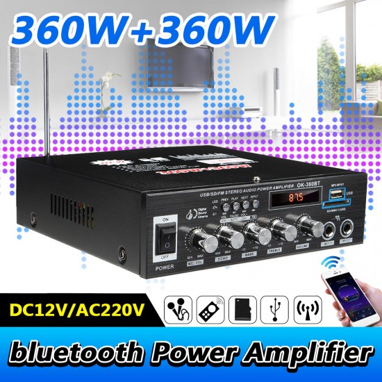 360W+360W bluetooth Power Amplifier MP3 Player FM Stereo Radio U Disk SD Card Hifi Digital Amplifier