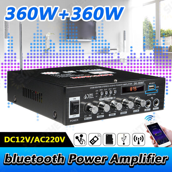 360W+360W bluetooth Power Amplifier MP3 Player FM Stereo Radio U Disk SD Card Hifi Digital Amplifier