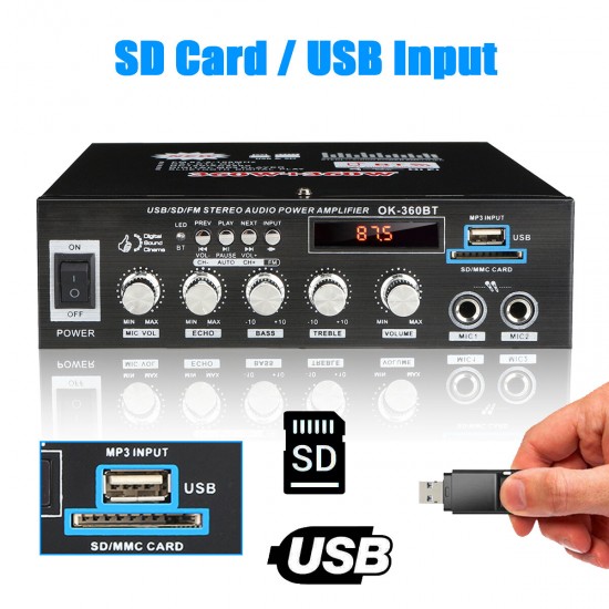360W+360W bluetooth Power Amplifier MP3 Player FM Stereo Radio U Disk SD Card Hifi Digital Amplifier