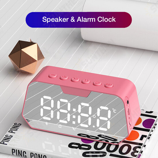 B118 bluetooth 5.0 Speaker Alarm Clock Multiple Play Modes LED Mirror Speaker with FM Function 360° Surround Stereo Sound Real-time Temperature Display 3600mAh Battery Life