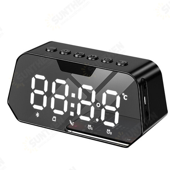 B118 bluetooth 5.0 Speaker Alarm Clock Multiple Play Modes LED Mirror Speaker with FM Function 360° Surround Stereo Sound Real-time Temperature Display 3600mAh Battery Life