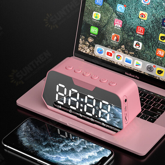 B118 bluetooth 5.0 Speaker Alarm Clock Multiple Play Modes LED Mirror Speaker with FM Function 360° Surround Stereo Sound Real-time Temperature Display 3600mAh Battery Life