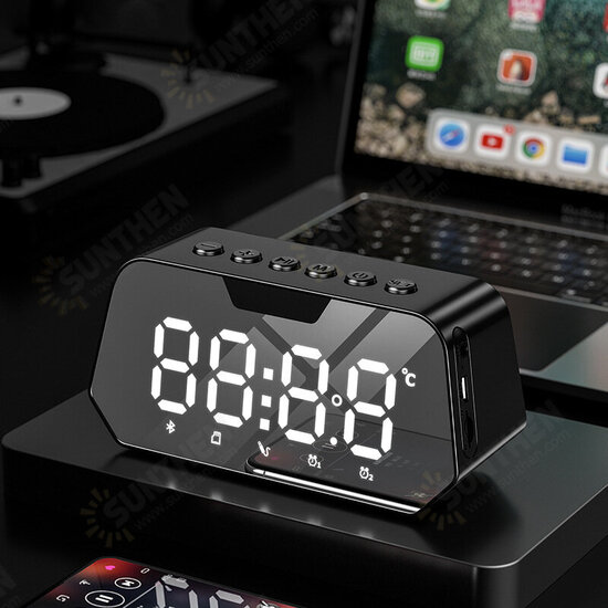 B118 bluetooth 5.0 Speaker Alarm Clock Multiple Play Modes LED Mirror Speaker with FM Function 360° Surround Stereo Sound Real-time Temperature Display 3600mAh Battery Life