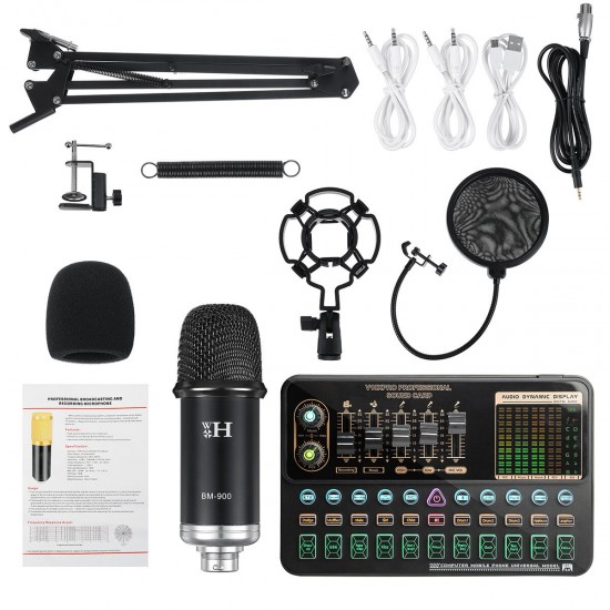 BM-900 Live Sound Card Condenser Microphone Set Recording Mount Boom Stand Mic Kit for Live Broadcast