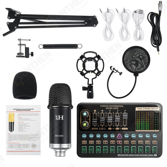 BM-900 Live Sound Card Condenser Microphone Set Recording Mount Boom Stand Mic Kit for Live Broadcast