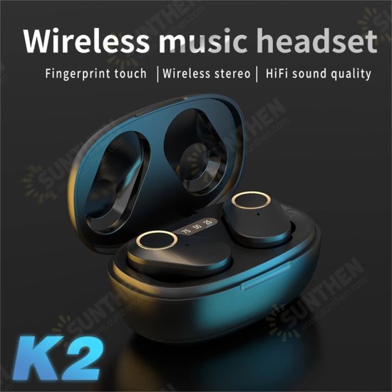 K2 TWS Earphone Wireless bluetooth 5.0 Headset HIFI Stereo Bass HD Calling Noise Reduction In-Ear Earbuds Smart Touch Sweatproof Sports Headphones with Mic