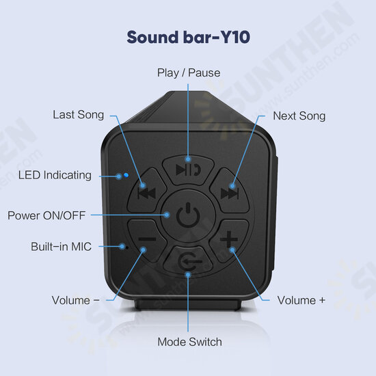 Y10 bluetooth Soundbar HIFI Stereo Subwoofer 52MM Driver 20W Speaker 2000mAh TF Card AUX-In Remote Control Soundbox with Mic for Smart Phones TV Computer PC Tablets