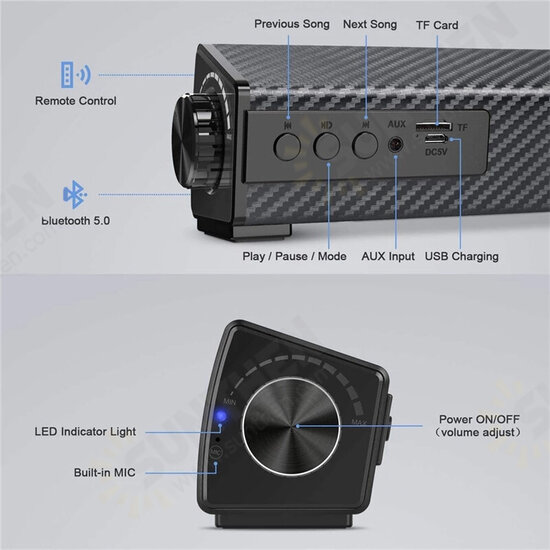 Y8 bluetooth Soundbar Bass Stereo 20W 45MM Dual Drivers Soundbox TF Card AUNX-In 2000mAh Remote Control Speaker with Mic