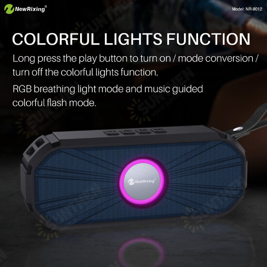 NR-9012 bluetooth 5.0 Subwoofer Outdoor Support FM Radio TF Card HD Bass Stereo Portable Speaker with RGB Breathing Light NR-9012 bluetooth 5.0 Subwoofer Outdoor Support FM Radio TF Card HD Bass Stereo Portable Speaker with RGB Breathing Light