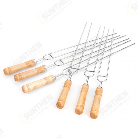 6PCS/Set Stainless Steel Wire BBQ Skewers Wood Handle Grill Roasting Sticks Outdoor Camping BBQ Tool