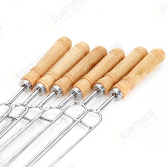 6PCS/Set Stainless Steel Wire BBQ Skewers Wood Handle Grill Roasting Sticks Outdoor Camping BBQ Tool