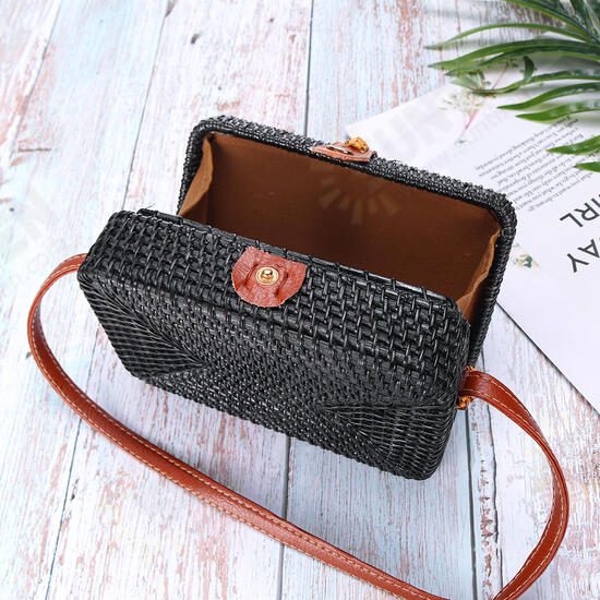 2L Straw Bag Rattan Woven Crossbody Beach Bag Handbag Outdoor Travel