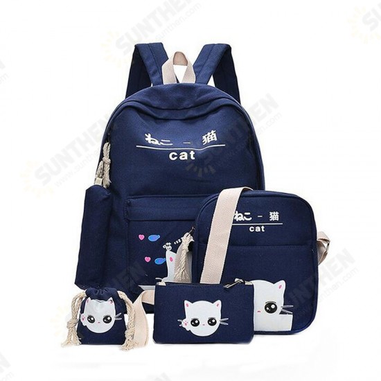 5Pcs/set Canvas Backpack Cat Large Capacity School Bags Camping Multi-function Travel Bag