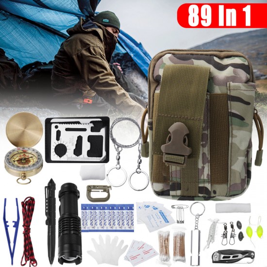 89 Pcs/Set SOS First Aid Kit Desert Camouflage Tactical Bag+Flashlight+3.5M Umbrella Rope+Tweezers+4-pin+Cotton Swab (50PCS)+PVC Gloves (Pair)+D Buckle+1 Fish Bag Camping