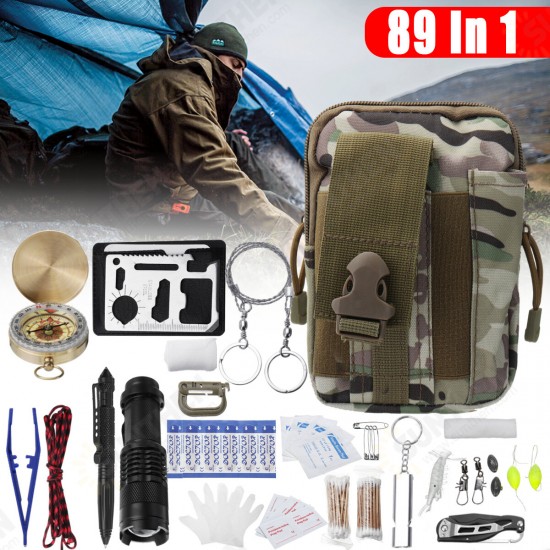 89 Pcs/Set SOS First Aid Kit Desert Camouflage Tactical Bag+Flashlight+3.5M Umbrella Rope+Tweezers+4-pin+Cotton Swab (50PCS)+PVC Gloves (Pair)+D Buckle+1 Fish Bag Camping