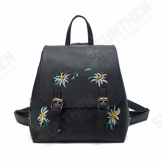 Floral Women Leather Backpack Embroidery School Vintage Bag