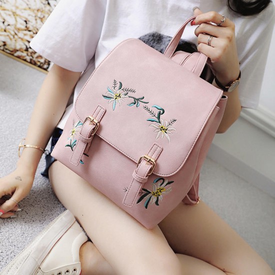 Floral Women Leather Backpack Embroidery School Vintage Bag