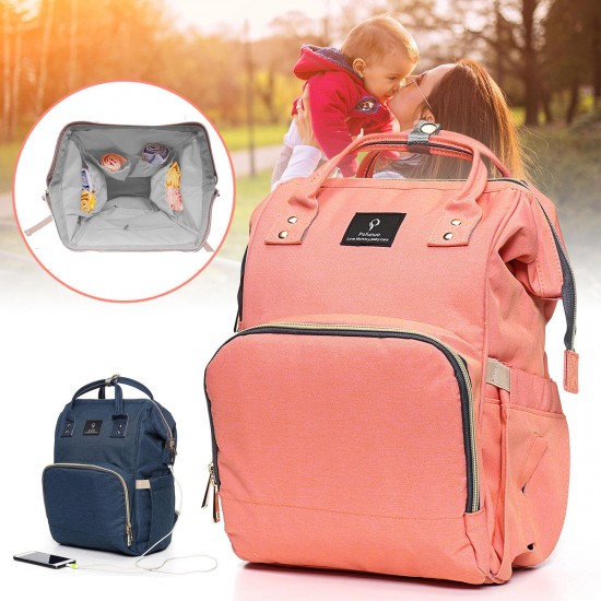 Waterproof Mummy Baby Diaper Backpack with USB Interface Charging Waterproof Oxford Diaper Nappy Bag for Outdoor Travel
