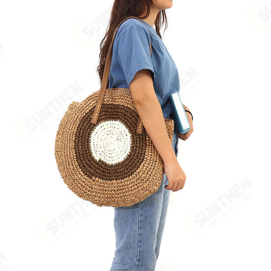 Women Beach Round Straw Bag Bucket Rattan Woven Handbag Shoulder Bag Outdoor Travel