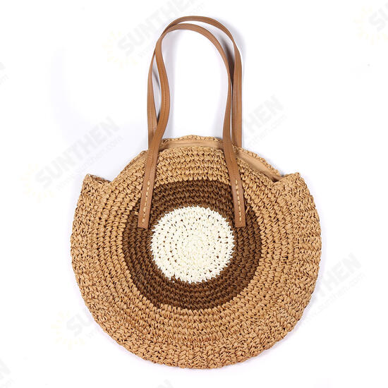 Women Beach Round Straw Bag Bucket Rattan Woven Handbag Shoulder Bag Outdoor Travel