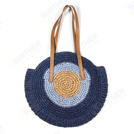 Women Beach Round Straw Bag Bucket Rattan Woven Handbag Shoulder Bag Outdoor Travel