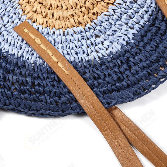 Women Beach Round Straw Bag Bucket Rattan Woven Handbag Shoulder Bag Outdoor Travel